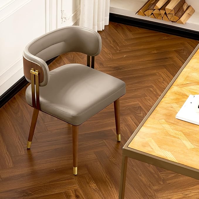 Modern Upholstered Leather Dining Chairs with High-Resilience Foam Cushion, Walnut Wood Veneer&Gold Metal Legs, 22Lx20.5Wx28.3H Inches, Anti-Slip Kitchen Chairs for Dining Room,Apricot