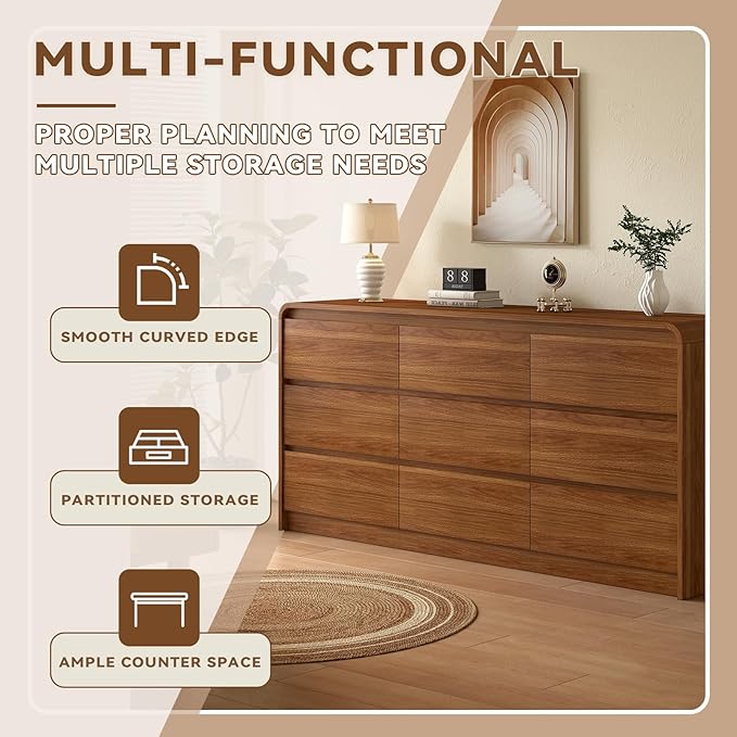 9 Drawer Dresser For Bedroom 63 Inch Wood Chest of Drawers - Curved Anti Collision, Mid Century Dresser For Closet with Natural Texture & Pre-Embedded Slots for TV Stand, Living Room, Nursery