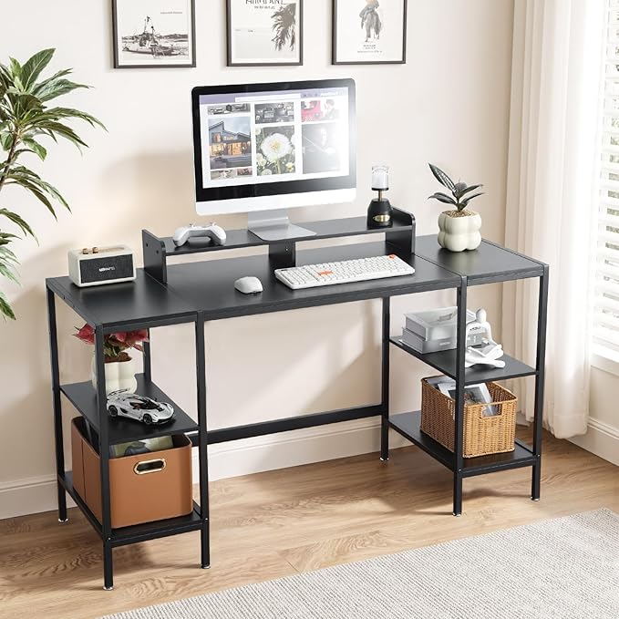 Computer Desk 55-inch with Storage Shelf - Black Ideal Gaming Desk for Bedrooms, Small Spaces, and Home Offices Modern Writing Desk for PCs.