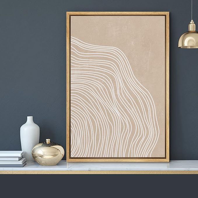 MUDECOR Framed Canvas Print Wall Art White Tan Spiral Wave Wood Ring Landscape Shapes Abstract Illustrations Modern Art Minimal Group Relax/Calm Cool for Living Room, Bedroom, Office - 24"x36" NATURAL