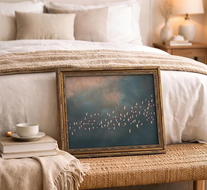 Vintage Gold Framed Flock of Birds in Flight Wall Art, Abstract Teal and Blush Sky Canvas Prints, Minimalist Nature Painting Poster Artworkfor Living Room Bedroom Office Wall Decor，12x16in