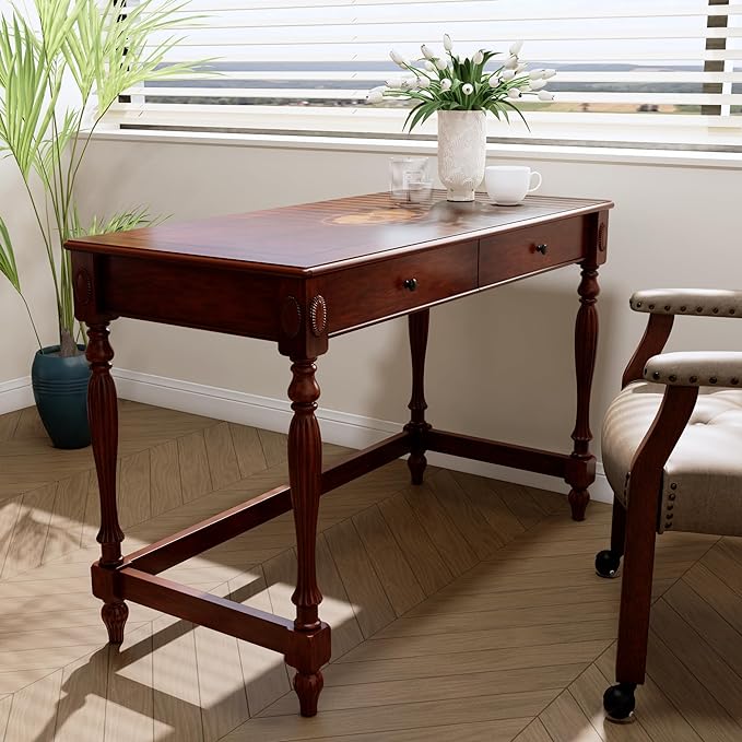 Desks with Drawers, 46" Home Office Desk with Stable Solid Wood Pedestral Legs, Vintage/Classic Style Computer Desk with Large Workstation for Home Office, Living Room Study or Workspace
