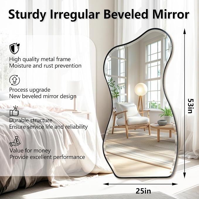 POZINO Irregular Beveled Mirror, 53"x25" Asymmetrical Wall Mirror with Black Metal Frame, Organic Shape Floor Mirrors for Entryway Living Room Bedroom Hallway, Leaning/Wall-Mount