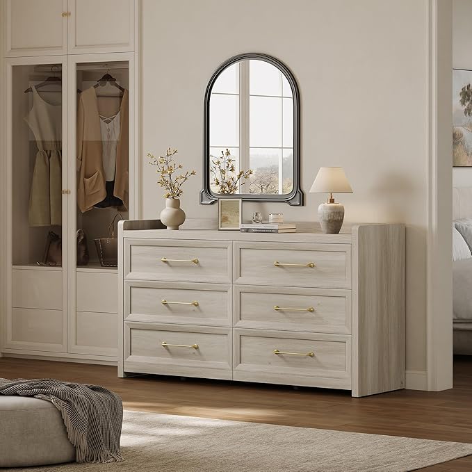 SICOTAS 6 Drawer Dresser for Bedroom-112.8" Extra-Wide Wooden Chest of Drawers with Large Storage, Long Dresser TV Stand with Drawers, Farmhouse Closet Dressers for Nursery, Grey White Oak, 2PCS