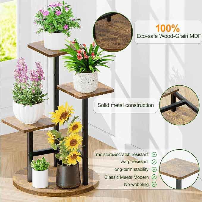 3 Tier Wood Plant Stand Indoor Outdoor, Wood Tall Plant Rack, Heavy Duty Wrought Iron Flower Pot Stand, Planter Display Rack for Living Room Balcony Garden Patio - BlackSquare