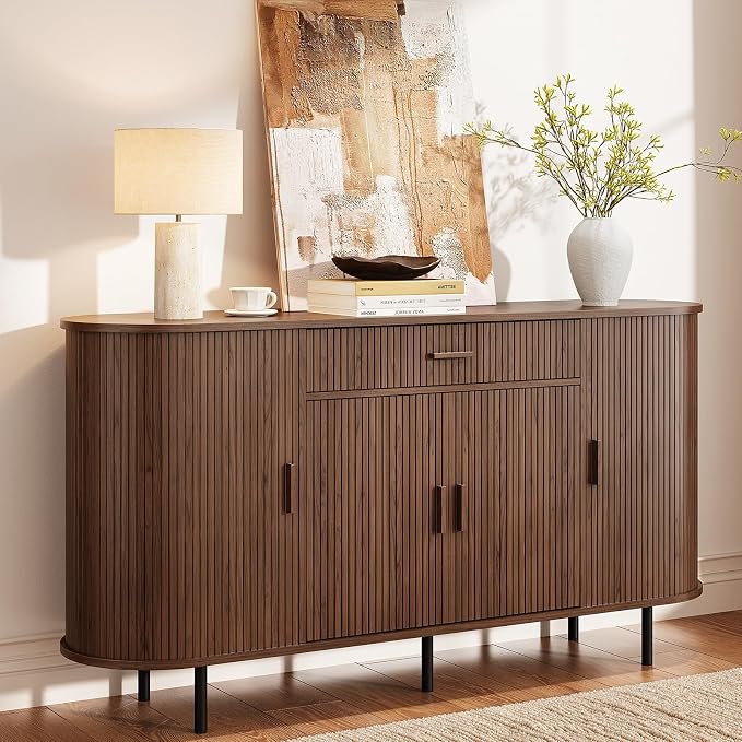 ONBRILL 63“ Sideboard Buffet Cabinet with Storage, Sideboard with 1 Drawer & 2 Door Shelves, Mid-Century Modern Kitchen Cabinets with Sliding Door, Coffee Bar Cabinet for Kitchen, Living Room, Walnut