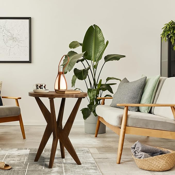 Farmhouse Round End Table with MDF Top and Crossed Legs, Boho Side Table Mid Century Modern Small Accent Table for Small Space Stable Nightstand for Living Room, Natural Wood