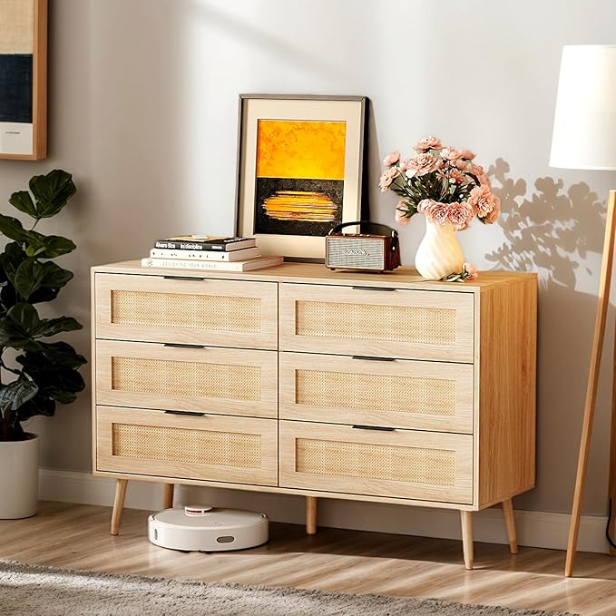 VINGIL 6 Drawer Rattan Dresser, Boho Chest of Dressers, Modern Wooden Dresser with Ample Storage, Rattan Chest of Drawers for Bedroom, Oak