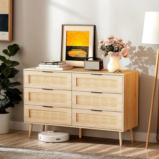 VINGIL 6 Drawer Rattan Dresser, Boho Chest of Dressers, Modern Wooden Dresser with Ample Storage, Rattan Chest of Drawers for Bedroom, Oak