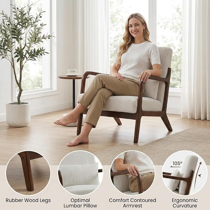 Mid Century Modern Accent Chair, Upholstered Corduroy Armchair with Lumbar Pillow, Solid Rubberwood Frame for Living Room, Bedroom, Waiting Room, White