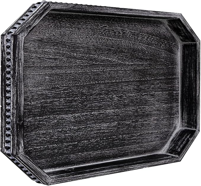 MAONAME Wood Serving Tray, Farmhouse Wooden Tray for Coffee Table, Octagonal Beaded Trays, Vintage Black Decorative Trays for Living Room, Kitchen, 15.7" X 10.2" X 1.6"