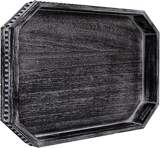 MAONAME Wood Serving Tray, Farmhouse Wooden Tray for Coffee Table, Octagonal Beaded Trays, Vintage Black Decorative Trays for Living Room, Kitchen, 15.7" X 10.2" X 1.6"