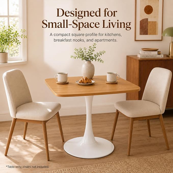 31.5 Inch Oak Square Dining Table for 2-4, Mid-Century Modern Tulip Table with White Metal Pedestal Base, 0.71 Inch MDF Top for Small Space, Apartment, Kitchen, Breakfast Nook & Office
