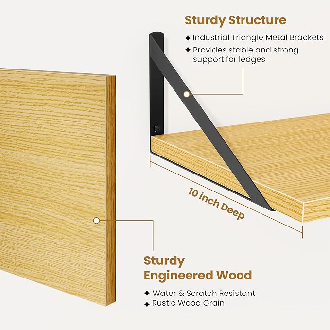 Deep Floating Shelves,55" Wx10 D Wood Wall Shelves Set of 2,Long Wood Floating Shelf with Metal Brackets,Floating Bookshelf for Living Room,Kitchen,Office,Bedroom,Decor Storage,Oak