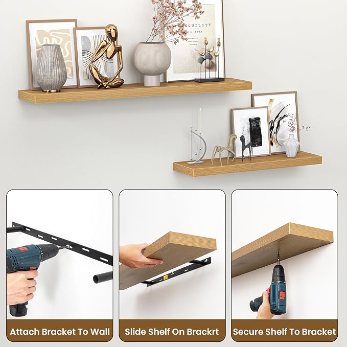 Heimlove Floating Shelves for Wall 40 Inch,Mounted Storage & Display Hanging Shelf with Invisible Brackets,for Bedroom,Living Room,Kitchen,Office,Set of 2,Oak Color