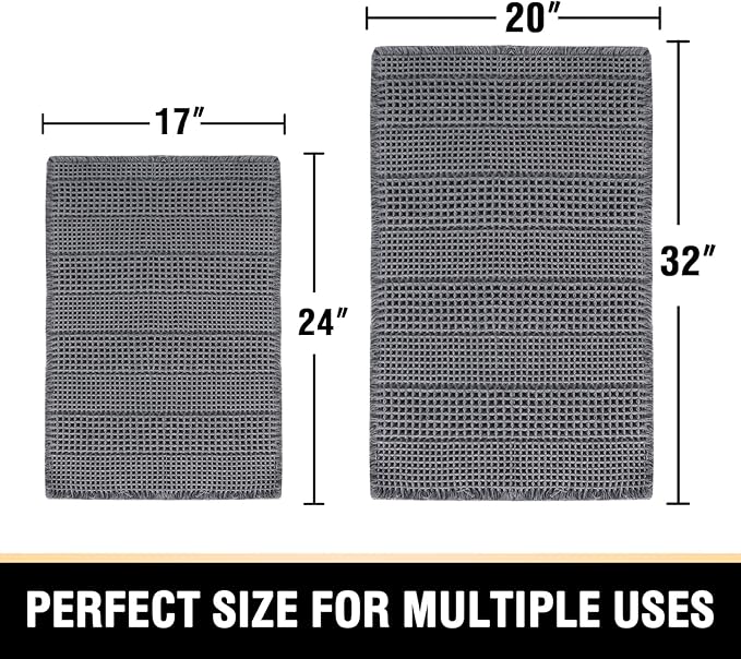 H.VERSAILTEX Waffle Bath Mat Super Absorbent Bathroom Mats Non Slip Bath Rugs for Bathroom Floor Machine Washable Ultra Soft Bathroom Rugs for Beside Tub, (32 x 20 Plus 24 x 17 - Inches, Grey)