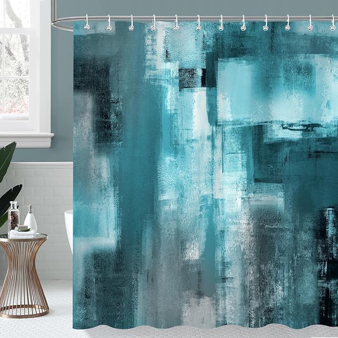 Teal Abstract Oil Shower Curtain, Modern Art Blue Grey Painting Fabric Bathroom Decor Set, Waterproof Polyester Fabric Bath Curtain with Hooks 72x78 Inch