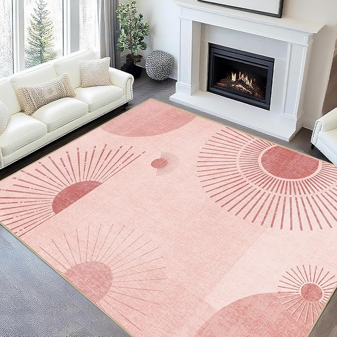 Large Area Rug 5x7 Sun Rug Living Room Mid Century Modern Rugs Machine Washable Boho Geometric Rug Non Slip Printed Low Pile Indoor Floor Carpet for Dining Room Bedroom Office,Pink