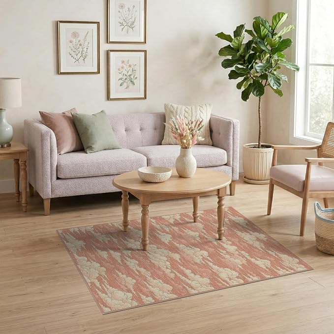 4'x6' Washable Flatwoven Rug, Peach Graphic Abstract Easy Care Throw Carpet Stain Resistant Low Profile Floor Covering for Dorm Room, Small Living Room, Apartment | Ref:2208262