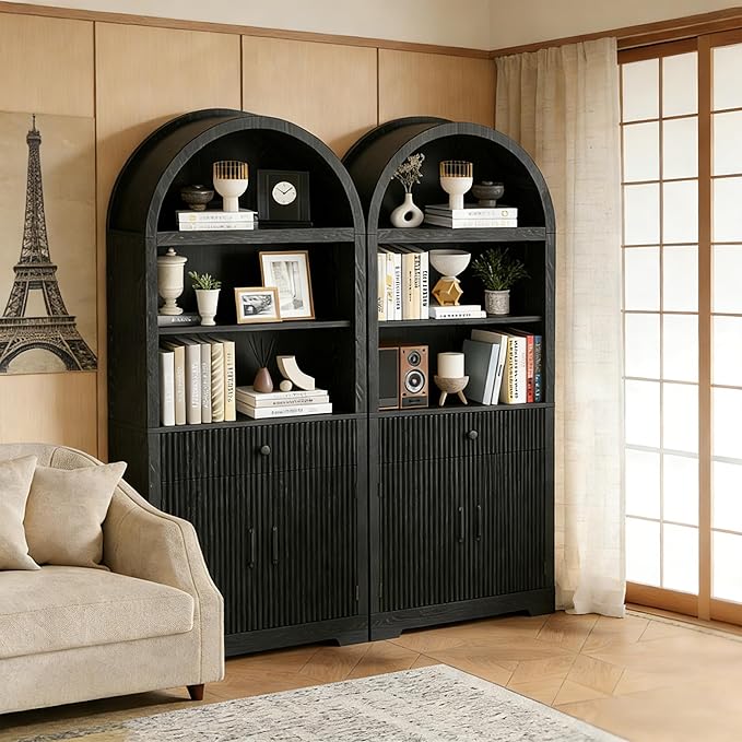 Farmhouse Arched Bookshelf, Mid-Century Modern 5-Tier Curved Cabinet with Door, Wooden Bathroom Storage Cabinet, Kitchen Pantry Cabinet for Living Room, Kitchen，Home Office, Black X2