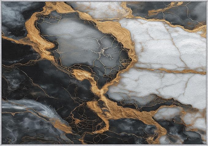 Black White Gold Marble Area Rug, Modern Abstract Pattern Carpet, Washable Non Slip Low Pile Soft Thin, Living Room Bedroom Home Decor Mat 2x3ft(Small)
