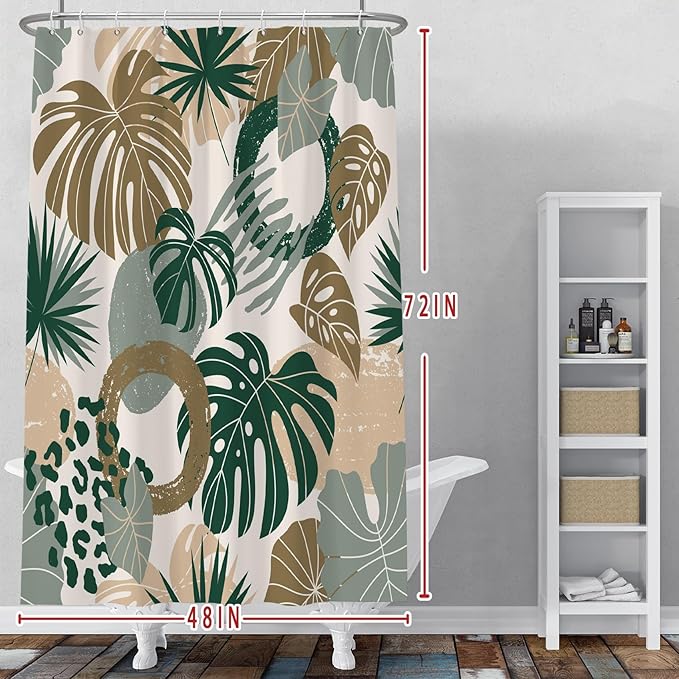 Baocicoo Bohemian Monstera Leaves Boho Floral Shower Curtain Decorative for Bathroom Cubicle Bathtub Waterproof Fabric Vacation Style with Hooks 48x72 Inches