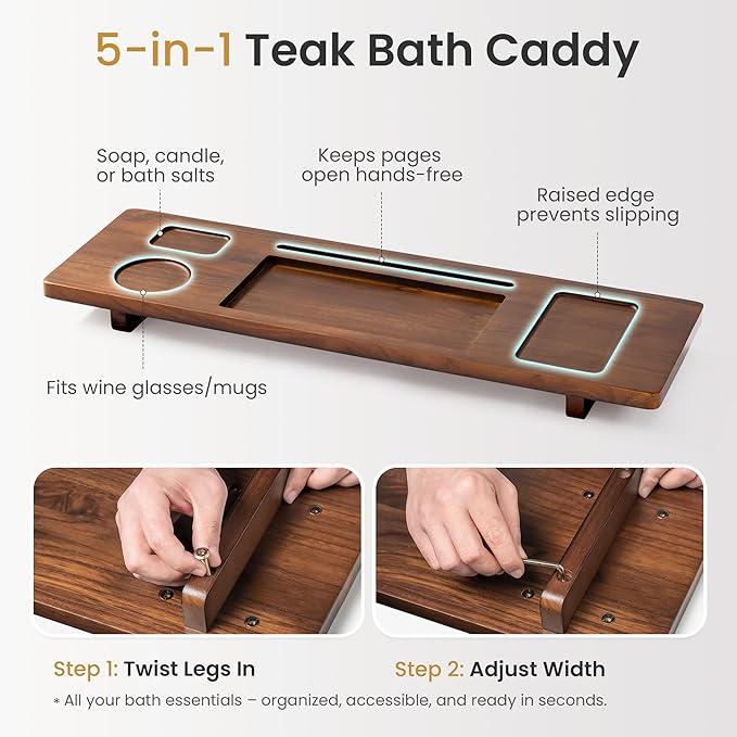 Teak Bathtub Tray Caddy - 29" Wide Adjustable Bathtub Table for Freestanding Tubs, Non-Slip Design with Phone/Wine Holder, Brown Bath Spa Essentials