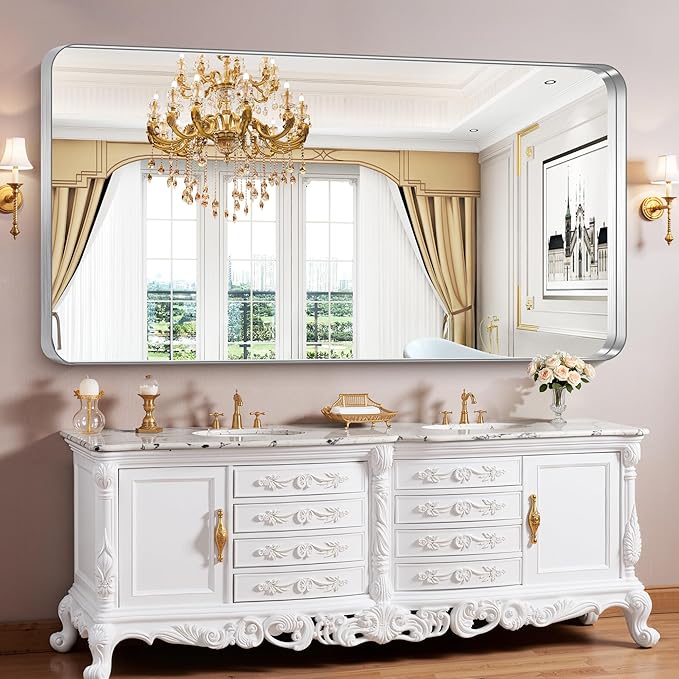 CIRCUMI Silver Bathroom Mirror, 36"x72" Rectangular Mirror with Deep Metal Frame, Rounded Corner, Tempered Glass, Large Mirror for Wall, Over 2 Sinks, Installed Vertically/Horizontally, Crystal-Clear
