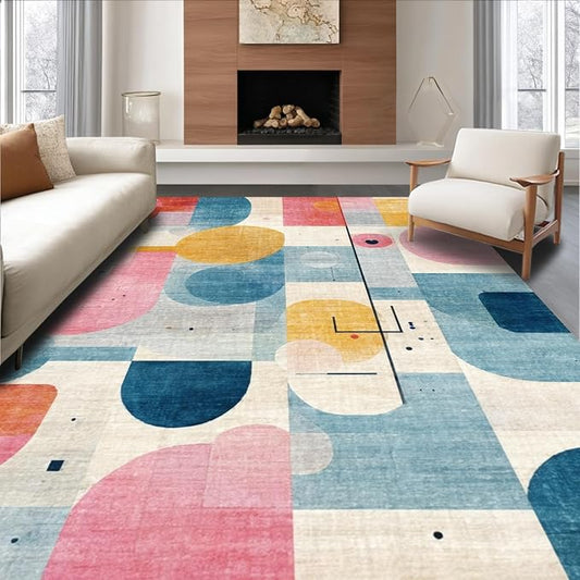 Flatwoven High Traffic Area Rug 6x9, Whimsical Abstract Animal Inspired Dotted with Playful Shapes and Gentle Swirls, Non Slip, Stain Resistant, Washable Area Rugs for Living Room, Bedroom (Pink, 6x9)
