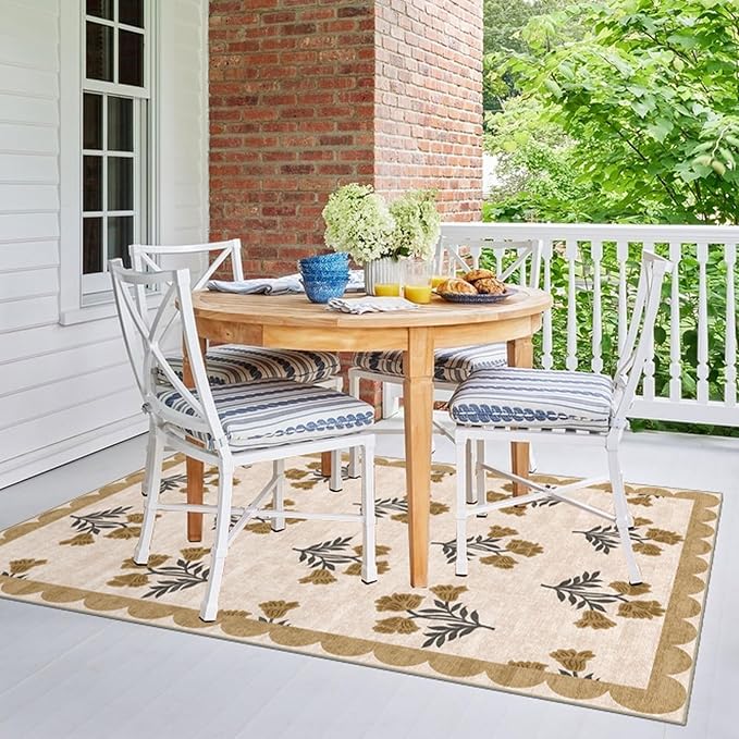 4x6 Covered Outdoor Patio Rug - Beige Washable Front Porch Entry Rug Non-Slip Door Mat Indoor Outside Entrance Floral Scalloped Area Rugs for Living Room Entryway Foyer Backyard Porch Decor