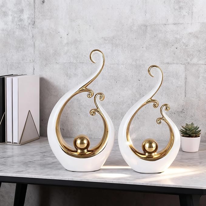 DOVDOV White and Gold Home Decor, Abstract Ceramic 2-Piece Sculpture Set, Modern mid-Century Art Statues, Perfect for Accent Tables, countertops, Coffee Tables, and entryway Decor.