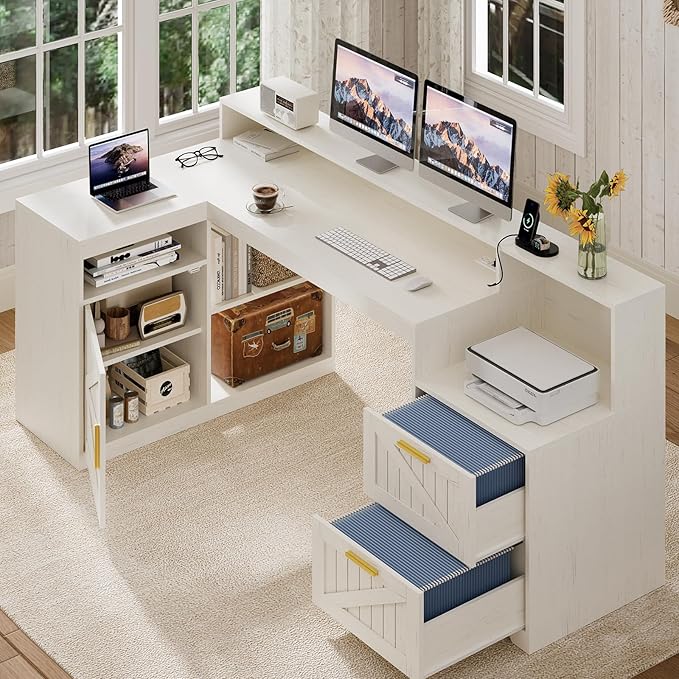 TVU Farmhouse L Shaped Desk with Drawers, 62.2" Home Office Desk with Storage Shelves and Power Outlet, L Shaped Computer Desk with Monitor Stand and Printer Shelf, White