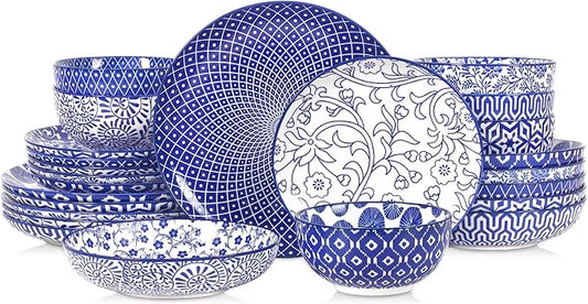 Selamica Ceramic Plates and Bowls Sets,24 Pieces Dinnerware Sets for 6,Scratch Resistant Dish Set for holiday gathering, Dishwasher & Microwave Safe, Vintage Blue
