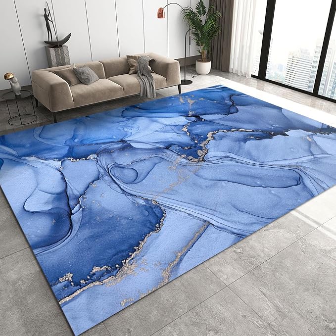 5x8 Area Rug Bule Gradient Ripple Art Non-Slip Kids Rug, Abstract Blue Waves Marble Upholstery Rug with Non-Slip Backing for Kids Boys Girls Bedroom Living Room Dining Room Study