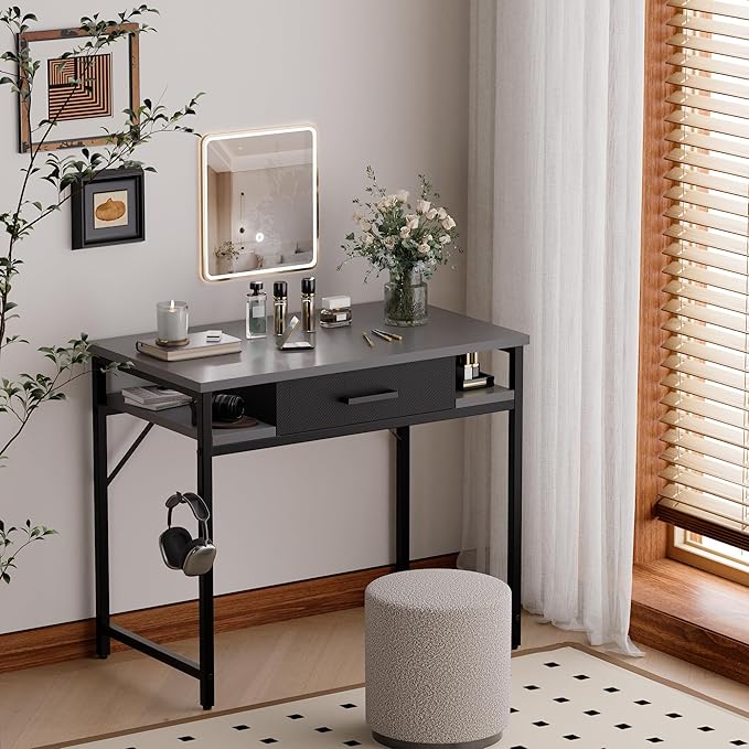 Pamray 32 Inch Small Computer Desk with Drawer and Shelves Simple Study Work Table for Bedroom Grey