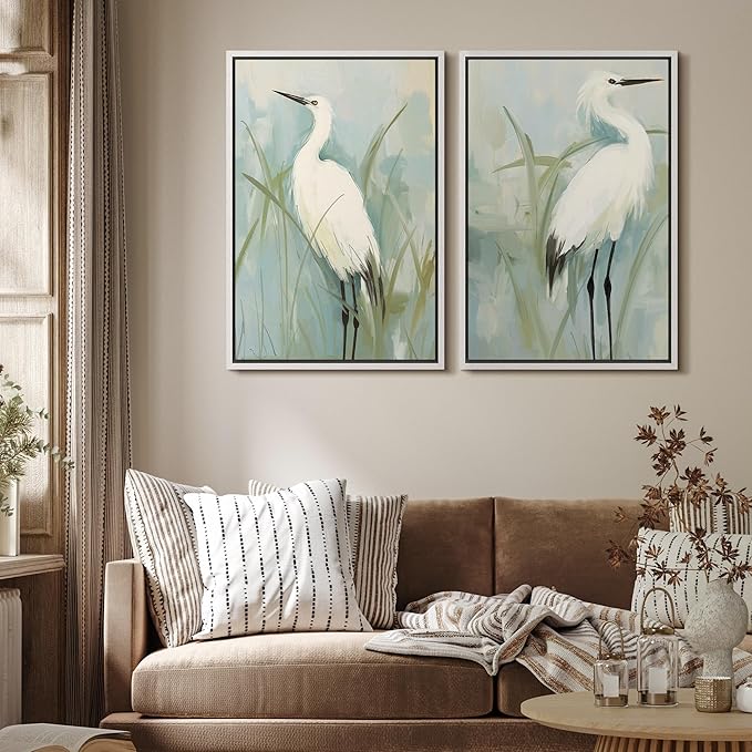 MUDECOR Framed Canvas Print Wall Art White Heron Pair in Marsh Coastal Illustrations Modern Art Decorative Bohemian Colorful for Living Room, Bedroom, Office - 24"x36"x2 White