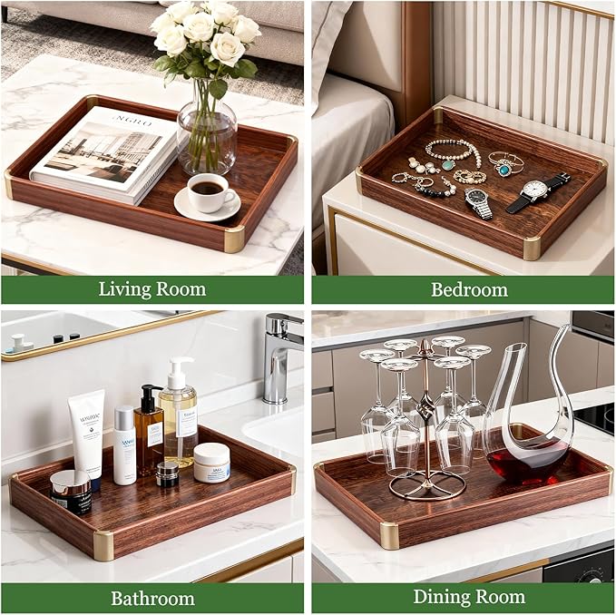 Bubinga Wood Serving Tray, 14.5"x9.8" Decorative Tray with Brass Corners, Luxury Home Decor for Coffee Table, Kitchen & Living Room, Housewarming Gifts for New Home, Wedding & Bridal Shower Gift