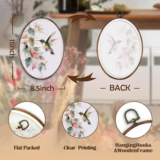 DILSJ Hummingbird Botanical Oval Wall Art Decor, Farmhouse Green Hummingbird Canvas Wall Art Framed, Watercolor Bird Hanging Decorations for Home Living Room Bedroom, 11x8.5 Inch