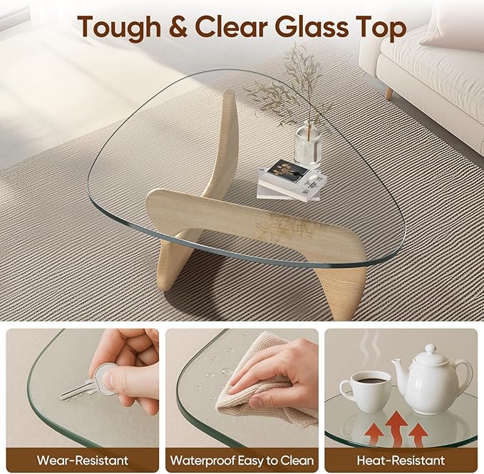 Triangle Glass Coffee Table, Mid-Century Modern Coffee Table, Solid Wood Base and Triangle Clear Glass Top Modern Table for Living Room, Office, Patio