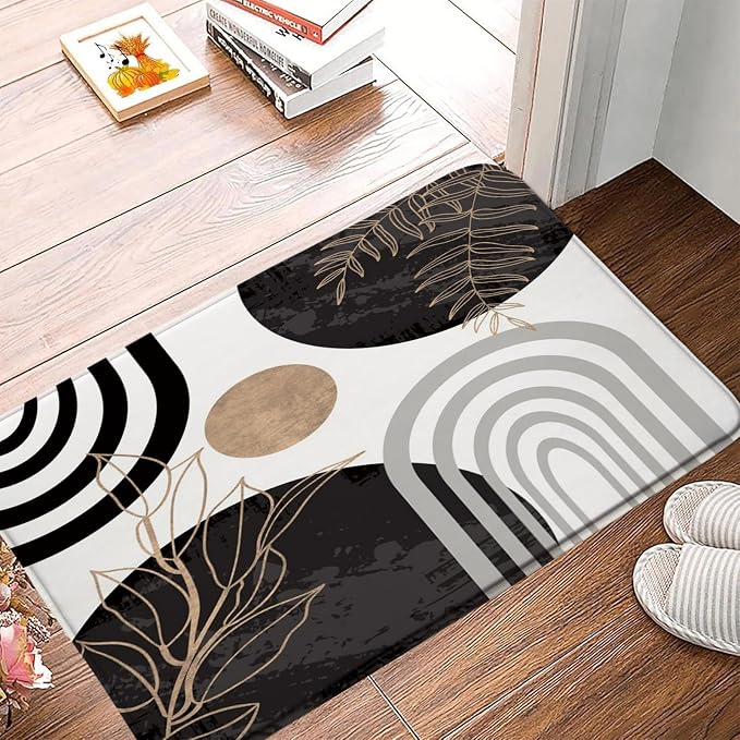Boho Mid Century Bath Mat Black White Moern Minimalist Leaves Arch Abstract Retro Bathroom Mat Rug Memory Foam Doormat，23.5x35.5 Inch