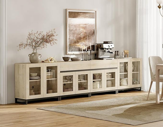 WAMPAT 4 in 1 Storage Cabinet with Glass Doors, Modern Sideboard with Adjustable Shelves and 2 Drawers, Coffee Bar Cabinet with Metal Baes for Living Room, Kitchen, Light Oak