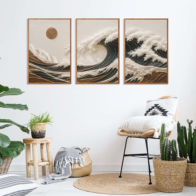 HLNIUC Great Wave Sunset Framed Canvas Wall Art,Abstract Sun Seascape Art Decor Set of 3(24”x36”) Modern Ocean Beach Art Print,Large Sea Wave Pictures Framed Wall Painting for Living Room,Bedroom