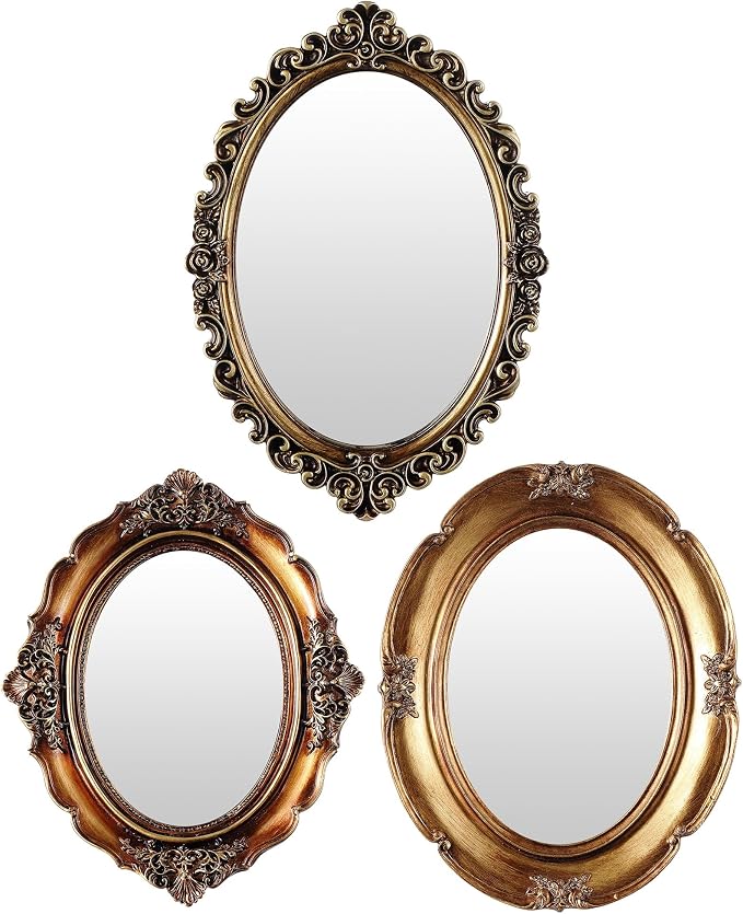 Wonderjune 3 Pcs Vintage Gold Mirror Set for Wall Decorative Resin Frame Ornate Antique Hanging and Tabletop Mirror for Home Dresser Gallery Decor Photography Props Gift (Retro Style)