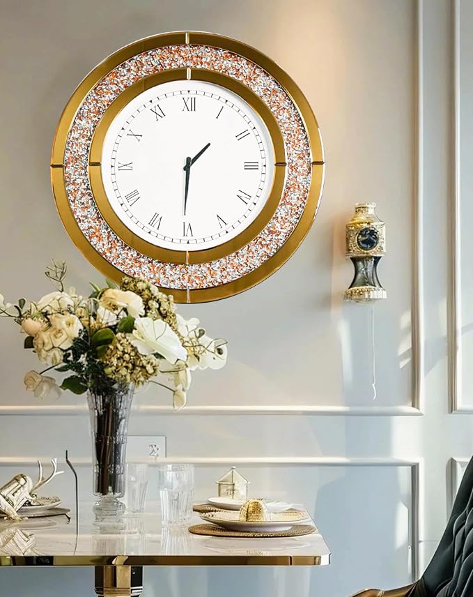 Crushed Diamond Wall Clock Round Decorative Mirrored Clock 32 inch Brown