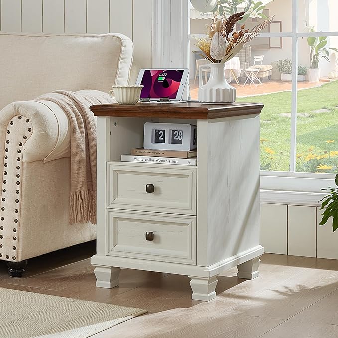 Farmhouse Side Table with Charging Station, Antique Nightstands with Drawers, Bedside Table with Open Shelf for Bedroom, White