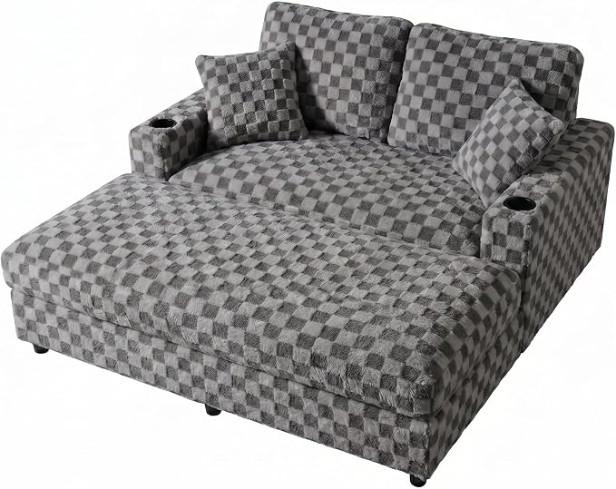 Eafurn Modern Oversized Chaise Lounge Chair with Integrated Ottoman, Corduroy Upholstered Deep Seat Sleeper Armchair with Power Charging Ports and Cup Holders, Cozy Accent Furniture for Living Room