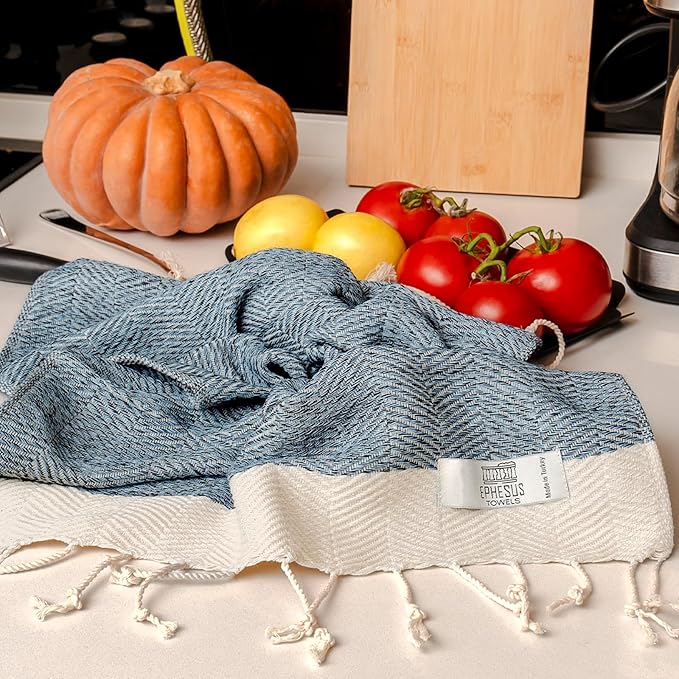 Hand Towels - Set of 2 | 18" x 30" - Decorative Turkish Hand Towel for Bathroom, Kitchen, Guest, Face, Hair, Tea, Dishcloth (Herringbone, Baby Blue)