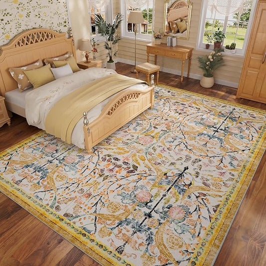 AMTOVO 8x10 Washable Area Rugs for Living Room, Non-Slip&Non-Shedding Large Soft Boho Floral Vintage Print Carpet for Bedroom Dining Room Farmhouse Nursery Kids Room Home Office, Golden Yellow