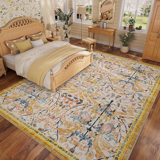AMTOVO 5x7 Washable Area Rugs for Bedroom, Vintage Boho Floral Distressed Print Non-Slip Carpet, Soft Colorful Rug for Living Room Dining Room Nursery Farmhouse Girls Room, Golden Yellow