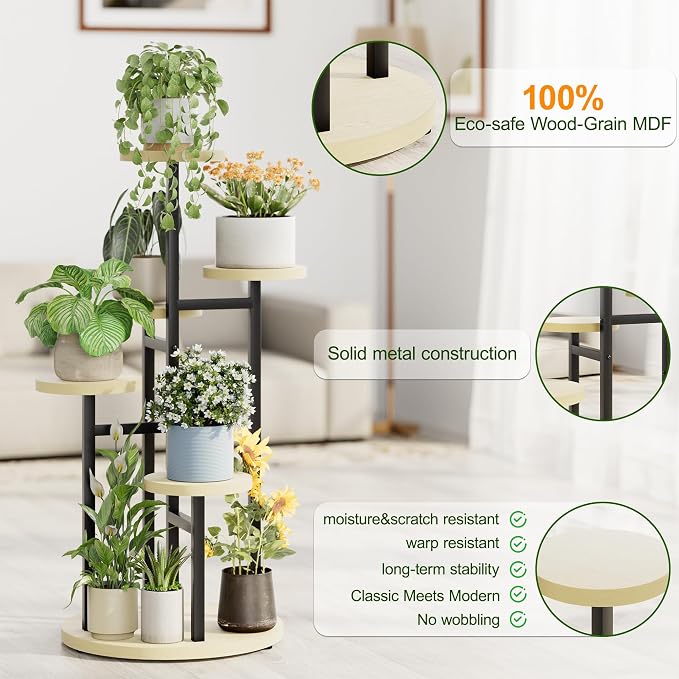 5 Tiers Black Plant Stand Indoor Tall Metal Wood Plant Shelf Outdoor Plant Stands Indoor Plant Table Rack Tiered Plant Stand Garden for Living Room Balcony Patio - RoundLight